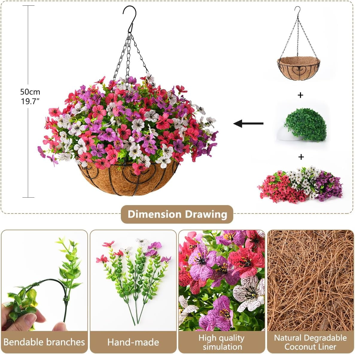 Artificial Hanging Flowers for Outdoor Indoor Spring Decor,Faux Silk Flower Arrangement,6 Branches Daisy with 12 Inch Coconut Lining Chain for Garden Decoration(Purple White Rose)