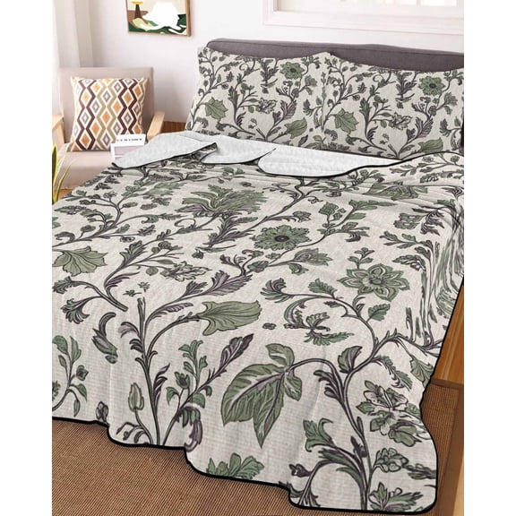 Sage Green Leaf Twin Size Down Alternative Comforter, Lightweight Comforter Quilt Bedding Set with Pillow Shams Vintage Farmhouse Boho Pastoral Tribal All Seasons Bed Comforter Duvet Insert 68"x86"