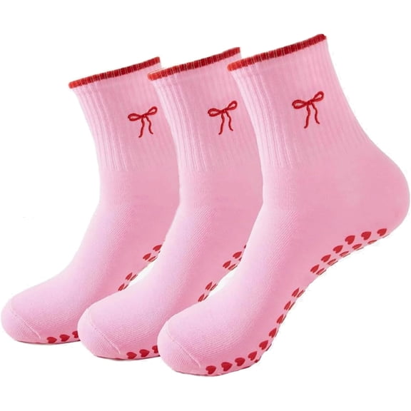 3 Pairs Cute Pilates Socks with Grips for Women Non Slip Yoga Socks Grippy Crew Socks Embroidery Pattern for Workout Ballet