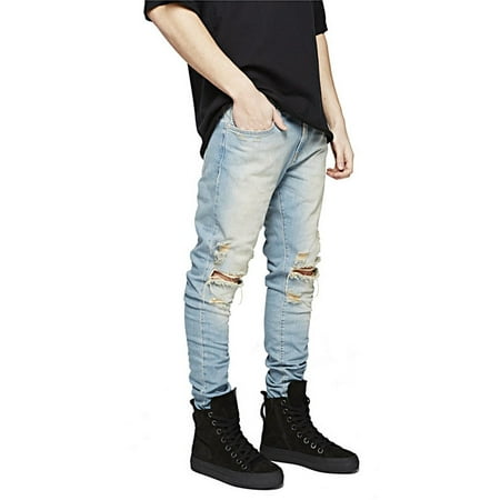 - Hemiks Men's Zipper Biker Jeans Ripped Distressed Slit Denim Slim Stretch Jeans
