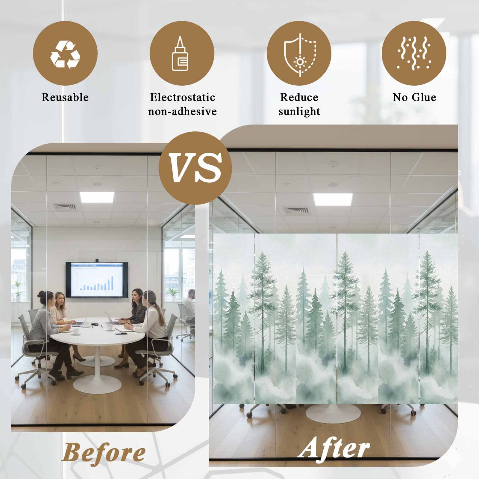Green Forest Window Privacy Film, Watercolor Misty Green Tall Trees Frosted Glass Window Clings Static Cling UV Heat Blocking Reusable Door Sticker for Bathroom 23.6 x 59 Inch