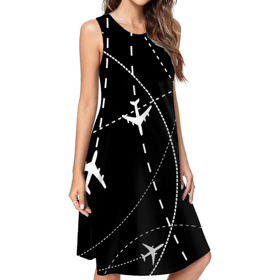 Airplanes Background With Trajectory Casual Sleeveless Loose Sundress Dress For Women Summer Dress Daily Woman