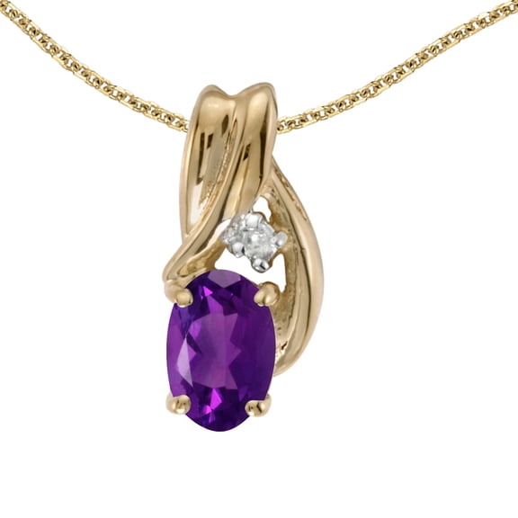 14k Yellow Gold Oval Amethyst And Diamond Pendant with 18" Chain