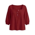 thumbnail image 5 of WAGUTH Women's Cotton Linen Tops 3/4 Puff Sleeve Square Neck Button Down Shirts Summer Casual Tees S-XXL,Red,L, 5 of 6