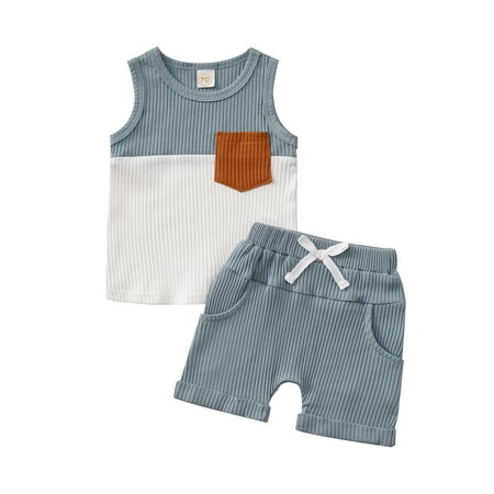 

Toddler Baby 2Pcs Summer Outfits Sleeveless Contrast Color Ribbed Tank Tops + Shorts Set 0-3 Years