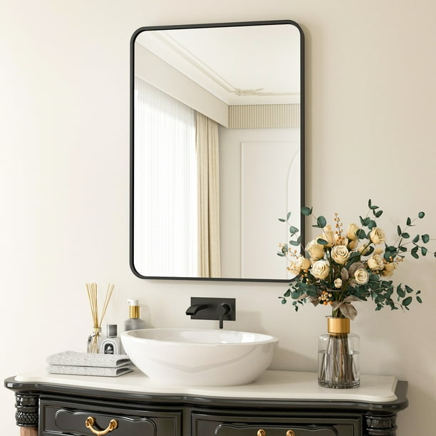 BEAUTYPEAK 26"x38" Wall Mirror Rounded Corners Hanging Vanity Mirror Black