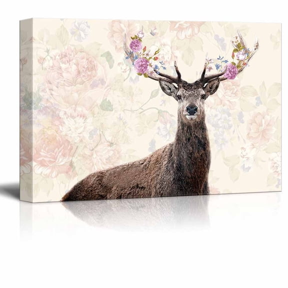 wall26 - Canvas Wall Art - Deer with Flowers in Antlers with Floral Background - Gallery Wrap Modern Home Art | Ready to Hang - 24x36 inches