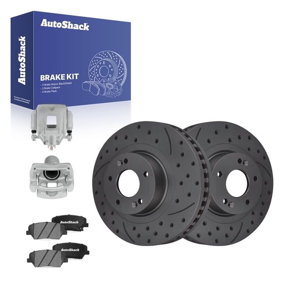 AutoShack Front Brake Rotors, Ceramic Pads & Calipers for Hyundai, Santa Fe Sport 2013-2016, AWD FWD L4 2.0L 2.4L - Coated Drilled & Slotted - Black Matte Finish - BlackShield - 12.6" (320 mm), 5-Lug