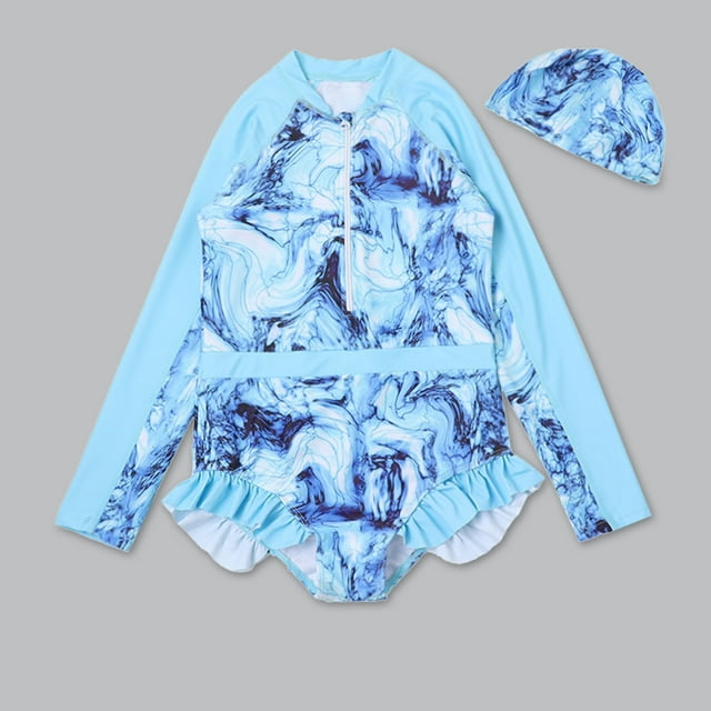 Girls Swimwear Baby Girls Long Sleeve Floral Printed Ruffles Rash Guard Bathing Suit for Sun Safe Water Play