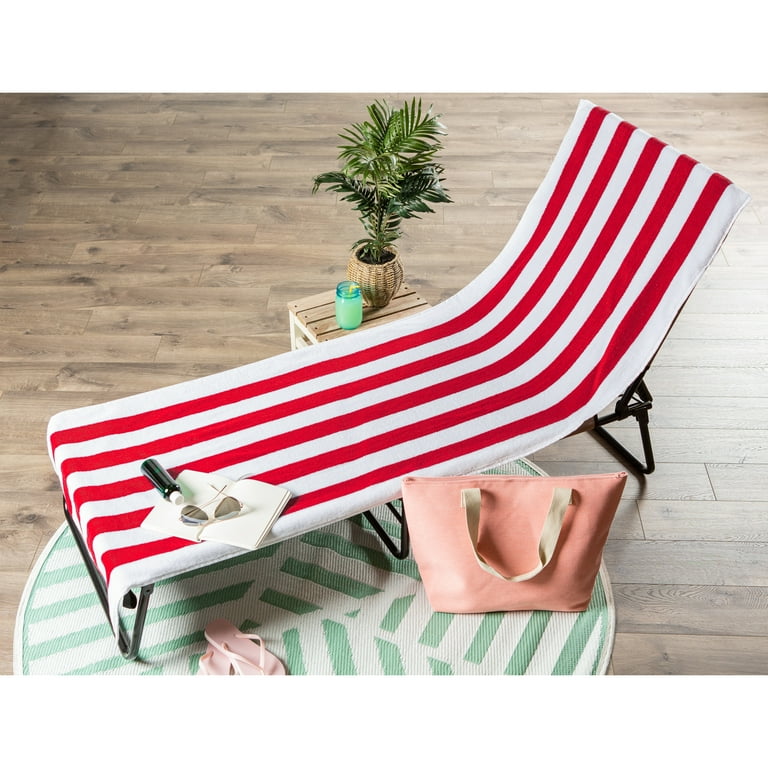 Red Stripe Lounge Chair Beach Towel With Top Fitted Pocket 26x82
