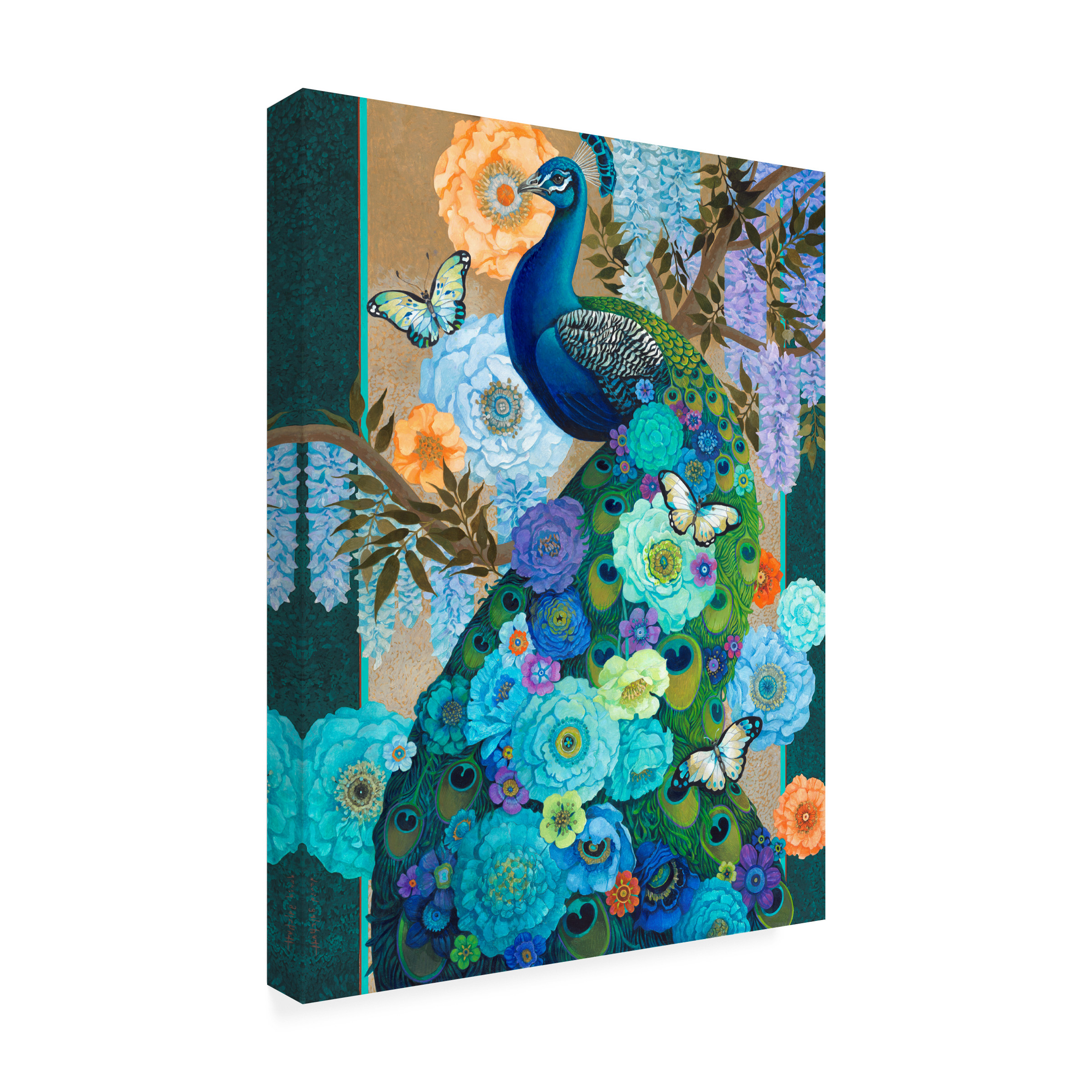 Canvas Wall Art - David Galchutt 'Floral Peacock' Wall Art for Living Room, Bedroom, or Office Décor by Trademark Fine Art - 14 x 19 Inches