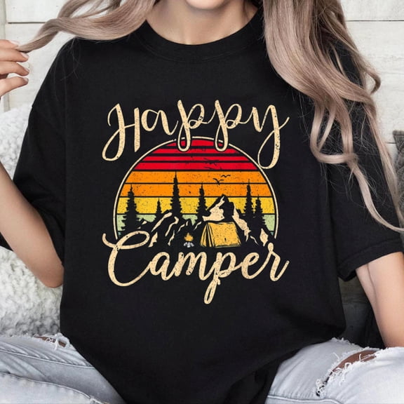 100% Cotton Unisex Funny Camper Outdoor Activity Camping Lover Happy Camper T-Shirt