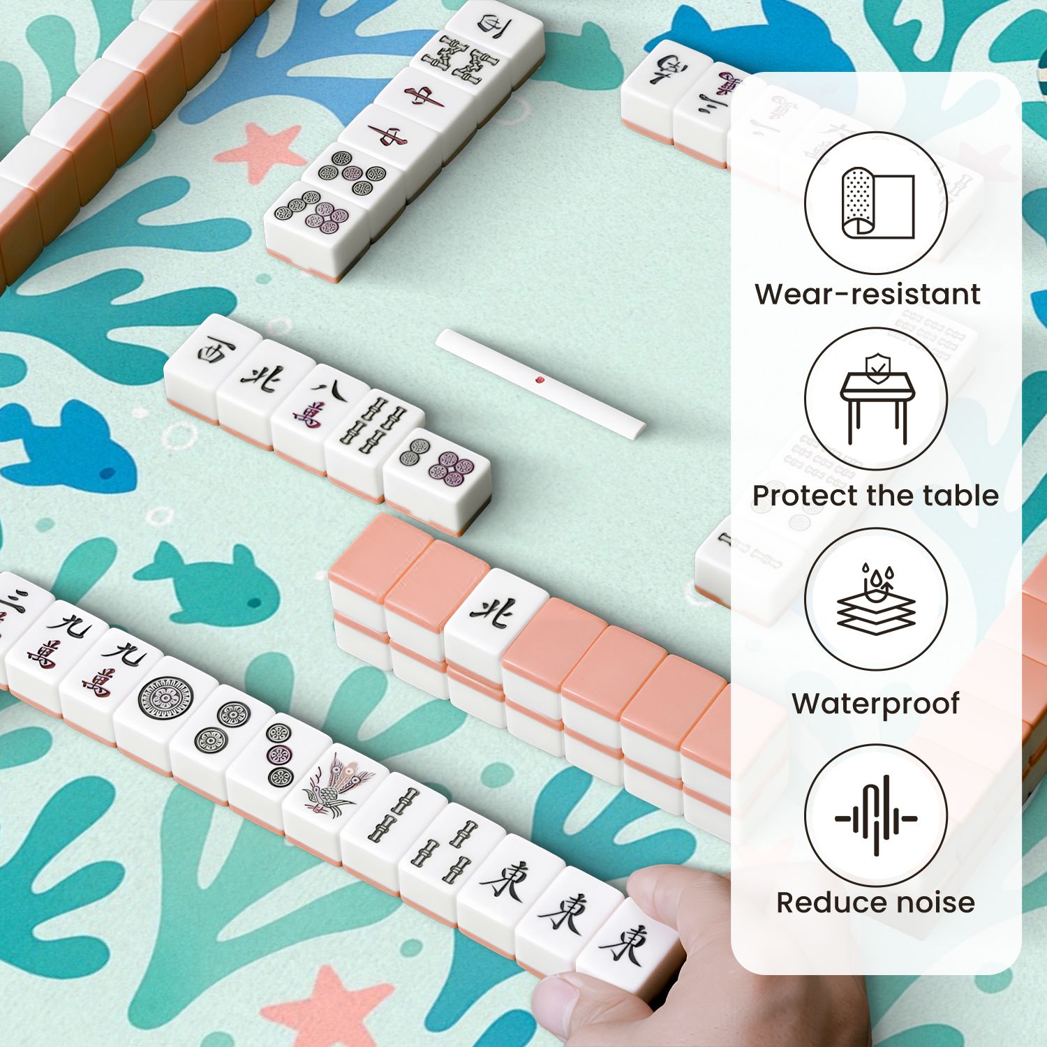 Mahjong Mat 31.5" x 31.5" Colorful Coral Reef Fish Soft Pastel Tones Anti-Slip and Noise Reduction Symmetry Design Mahjong Tiles Table Cover for Dominoes Poker Card Board and Tile Games