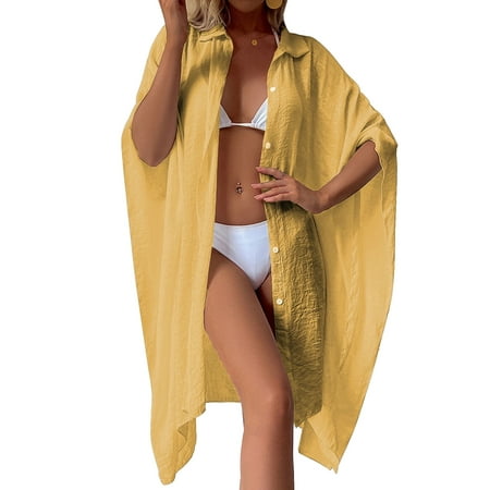 beach vacation essentials Swimsuit Cover Up for Women Plus Size Button Up Shirts Chiffon Kimono Cardigan Casual Beach Cover Ups