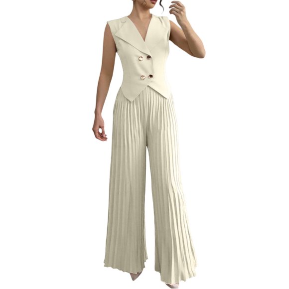 Workout Sets for Women, Women's Trousers Suit 2 Piece Set Wear Button Vest With Elastic Waist Pants Business Casual Outfit For Summer Daily Work And Meetings(Beige,S)