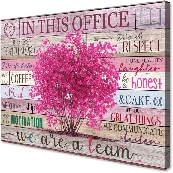 Pink Motivational Wall Art for Women Positive Sayings In This Office We Are A Team Flower Tree Picture Poster Modern Entrepreneur Wall Art Home Office Workspace Decoration Framed 12x16 Inch