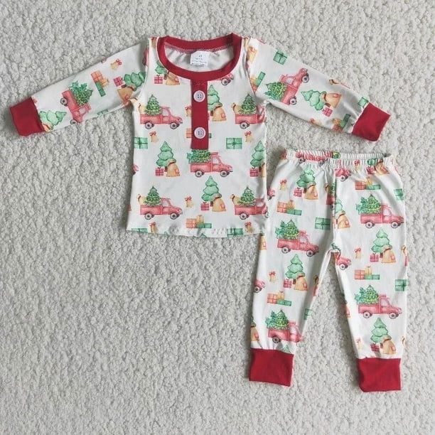 Conjunto de ropa de dormir de invierno para niños y niñas, conjunto de ropa de dormir con mangas Rojas, camisa de coche de árbol, pantalones con volantes, conjunto de pijamas, venta al por mayor