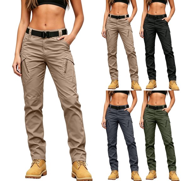 YVNAURA Women's Multi Pocket Work Pants Straight Leg Cargo Trousers with 7 Pockets High Waisted Casual Outdoor Commuting Versatile Lightweight Pants for Hiking Travel Office S-XXL, Khaki,L