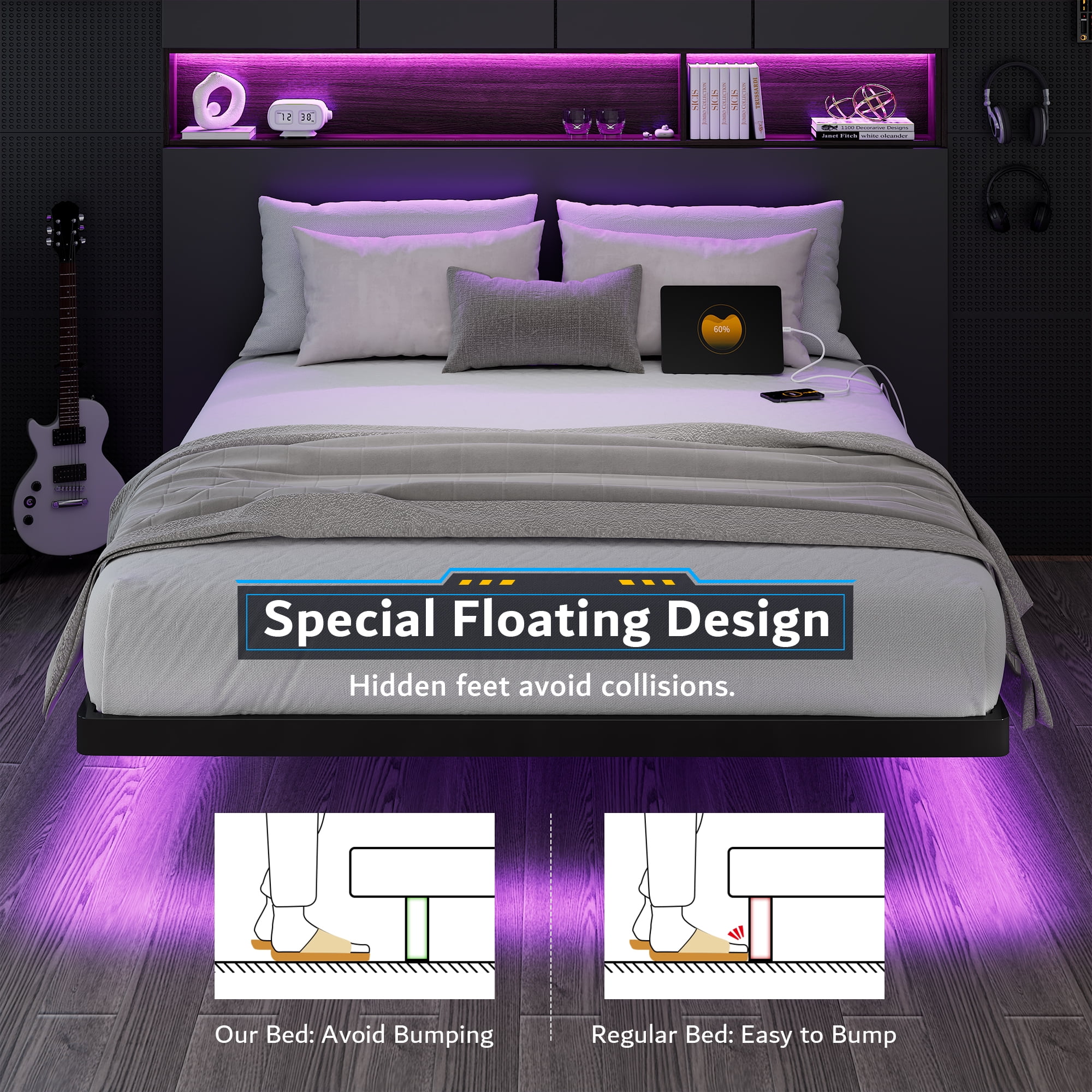 Virans King Size Floating Bed Frame with RGB LED Lights and Charging Station, Heavy Duty Metal Platform Beds, No Box Spring Needed, Black