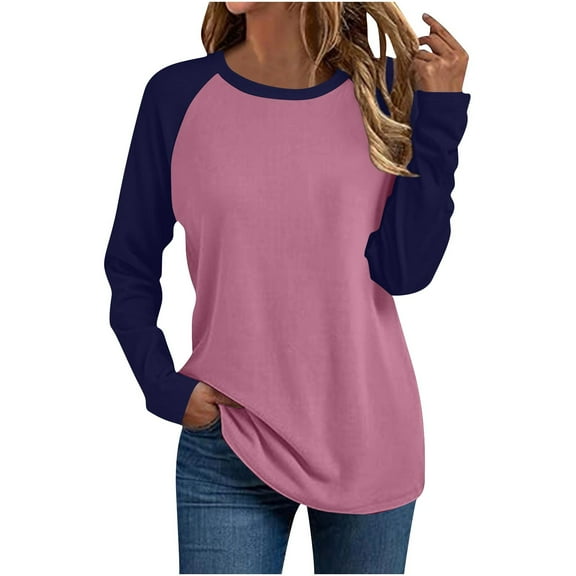 Womens Plus Size Raglan T-Shirt Long Sleeve Crewneck Shirts Trendy Color Block Tees Casual Going Out Holiday Tops