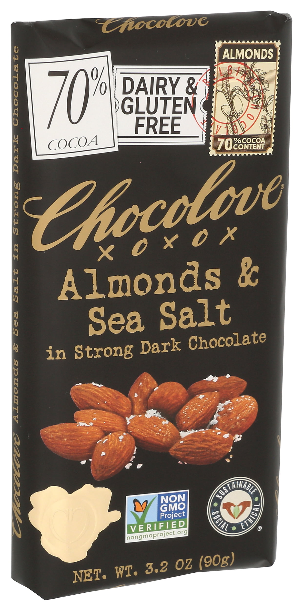 Pack of 12, Chocolove Almonds & Sea Salt in Strong Dark Chocolate, 3.2 oz