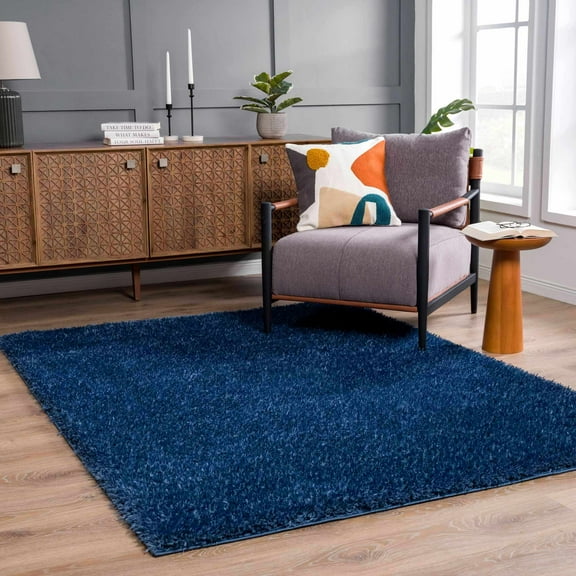 Hauteloom Faina Machine Washable Solid Shag Rug - Plain Living Room Bedroom Shaggy Area Rug - Fluffy Plush High Pile Carpet - Dark Blue - 5'3" x 7'