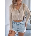 thumbnail image 5 of Women'S Tie Front Long Sleeve Scalloped Crop Cardigan Knit Top Khaki S, 5 of 8