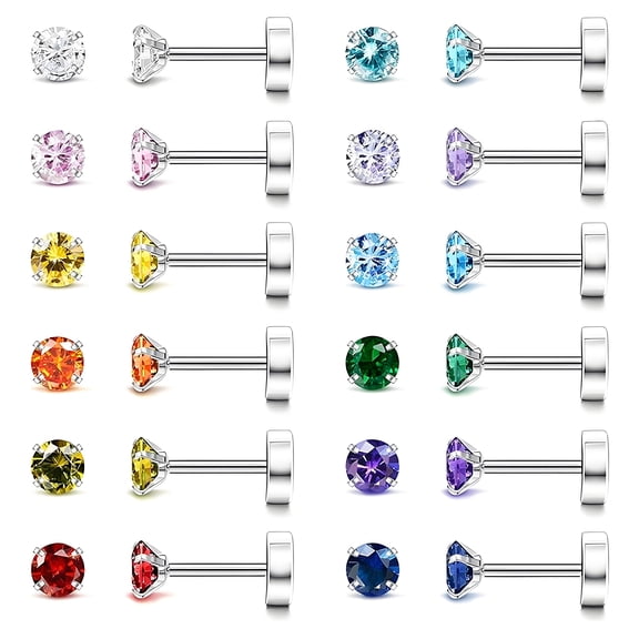 DESIGNICE 12 Pairs Flatback Stud Earrings for Women,Cartilage Earrings for Women,Stainless Steel Stud Hypoallergenic Earrings for Sensitive Ears Women,4mm