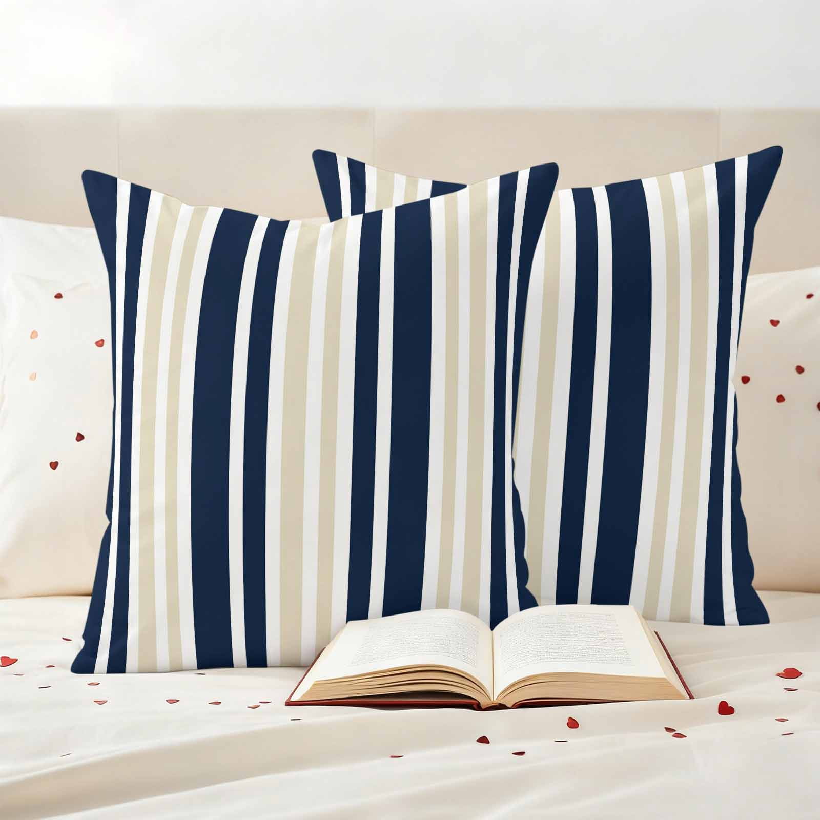 Navy Blue Khaki Striped Outdoor Waterproof Pillow Covers, Modern Minimalist Ombre Lines Decorative Square Throw Pillowcase Sofa Cushion Sham for Patio/Couch/Chair, 20"x20" 2 Pack