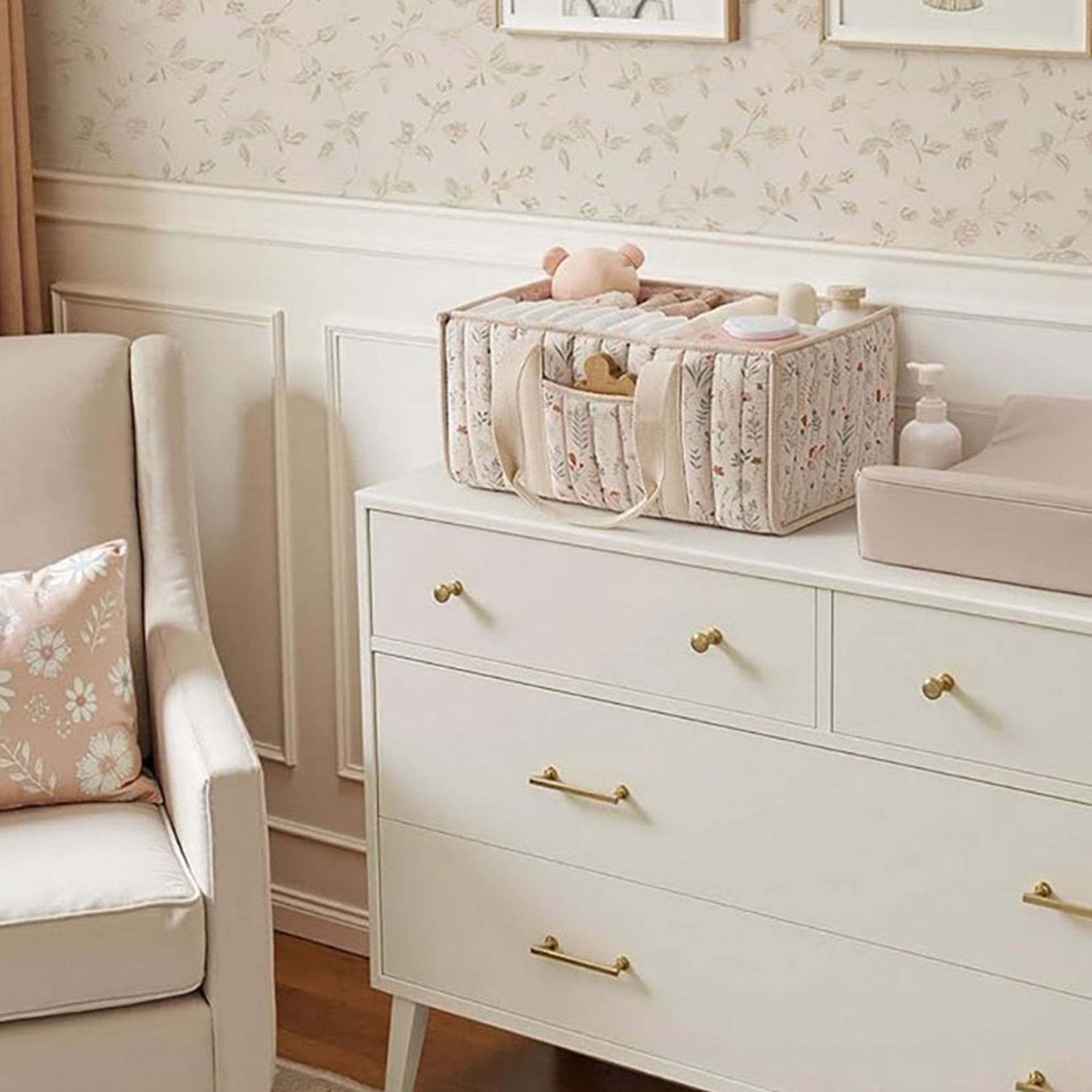 HUISZJ Floral Diaper Caddy Organizer, Stylish Nursery Storage Basket with Handle, Reusable Storage Bag for Newborn Work Travel Outdoor (Beige)