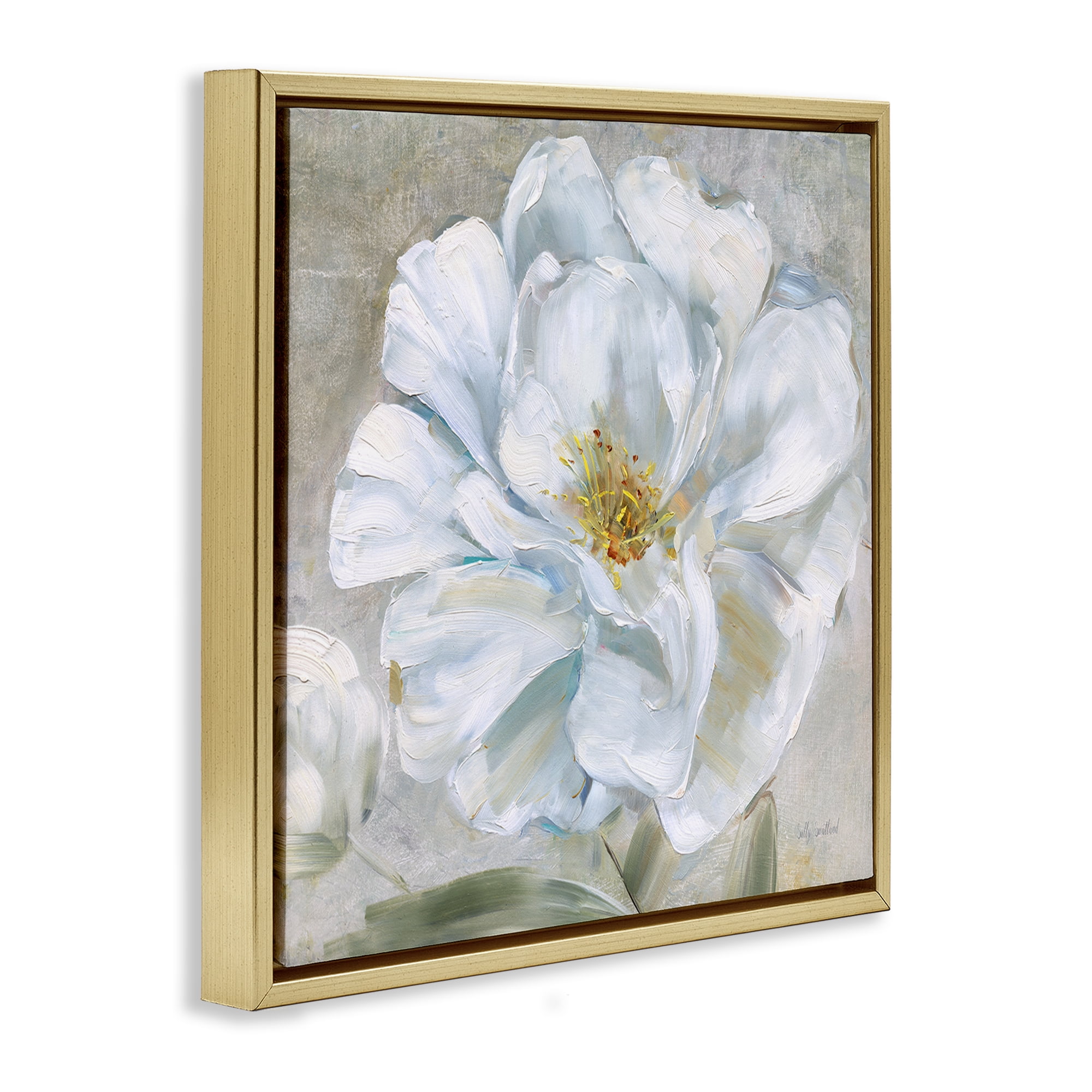Stupell Industries Close Up White Bloom Plants & Flowers Painting Gold Floater Framed Canvas Art Print Wall Art, 18 x 18