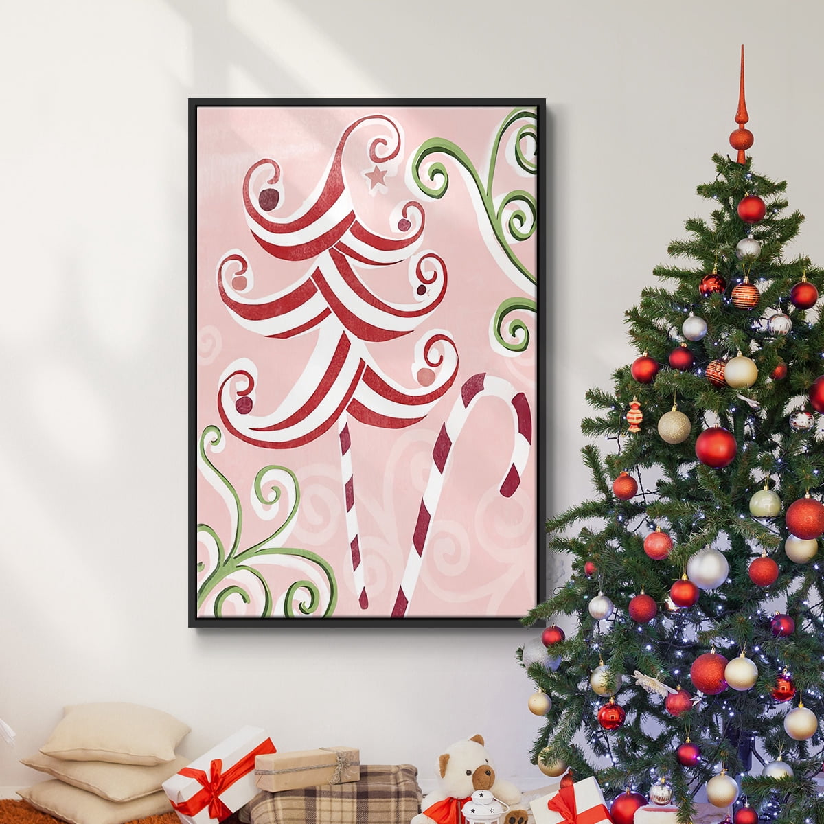 Candy Cane Holiday I - Framed Gallery Wrapped Holiday Canvas - 27 x 41 - Black Frame