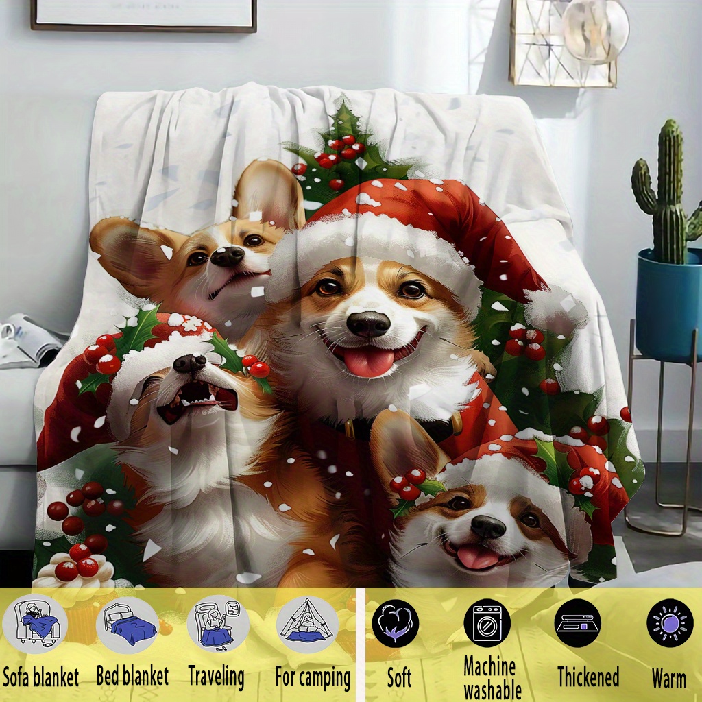 1pc Christmas Corgi Dog Pattern Flannel Throw Blanket, Soft Quilted Polyester Knit, Digital Print Cozy Blanket for Couch, Bed, Office, Travel, and Camping - Versatile All-Season Comfort