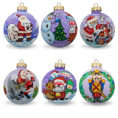 Snowman Glass Ball - Set of 6 Santa, Bear, Snowman, Bunny, Reindeer Glass Ball Christmas Ornaments 3.25 Inches