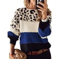 thumbnail image 3 of Female Oversized Knit Sweater, Casual Long Sleeve Pullover, Fall Winter Top, Leopard Soft Long Sleeve Knitwear Blue XXXL, 3 of 7