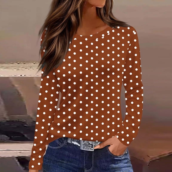 Dolkfu Pull-on Tops for Women Trendy French Chic Long Sleeve Brown Crew Neck Blouses & Tops Patchwork Retro Vintage Polka Dot Brown,L