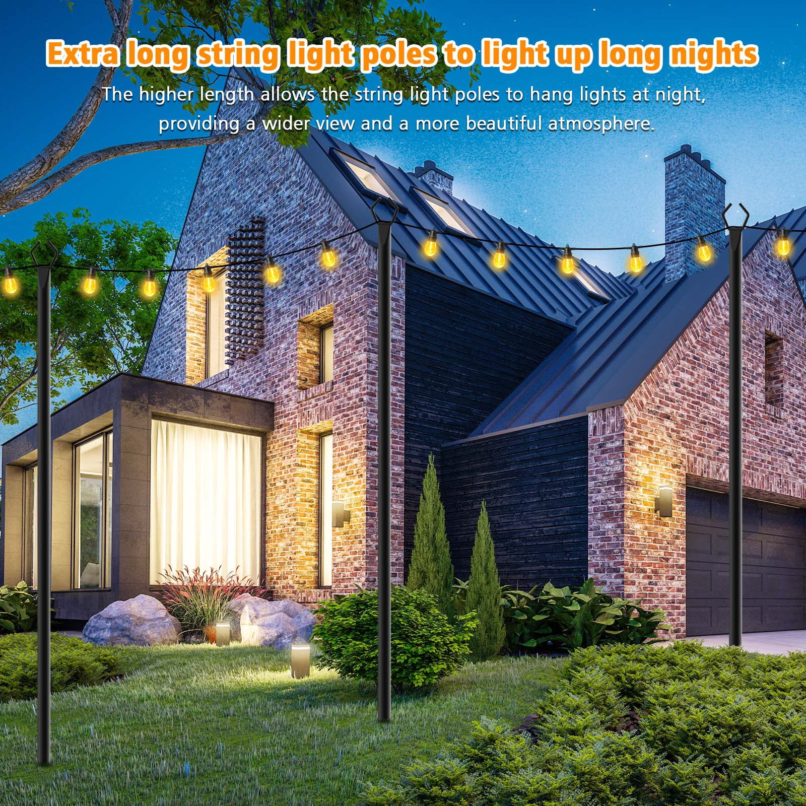 2Pack 10FT Outdoor String Light Poles with Fence Brackets, Heavy Duty Metal Light Stand for Hanging String Lights, Weatherproof Deck Patio Backyard Garden Light Pole for Wedding Party Holiday Decor