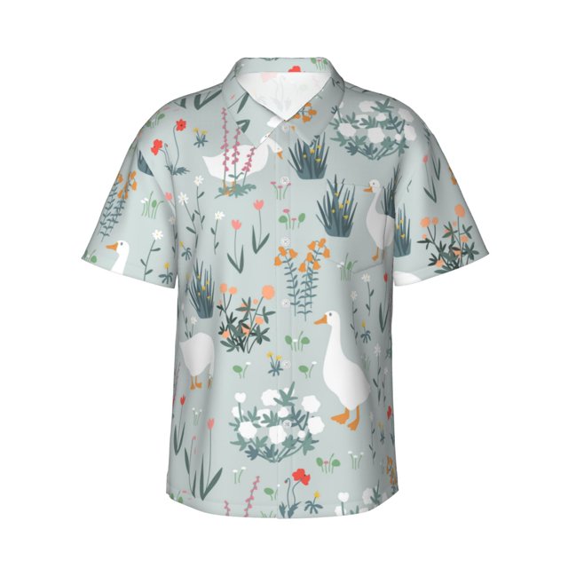 Fotbe Goose and Doodle Flowers Camisa Hawaiana para Hombre Unisex – Camisa Casual de Verano con Botones de Manga Corta de Algodón y Lino,XX-Large