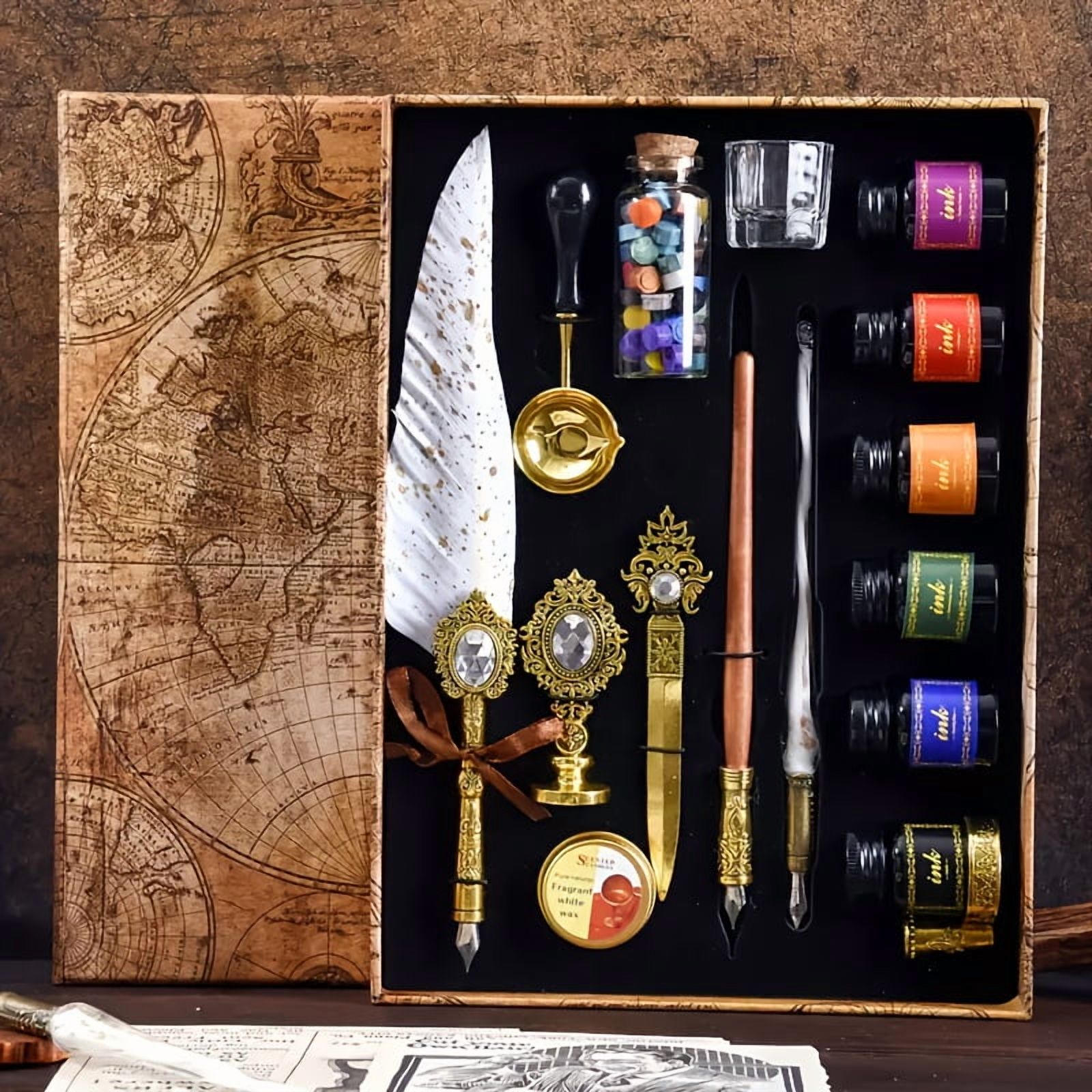 1Set Quill Pen And Ink Set Vintage Pen Calligraphy Set-Antique Gemstone Feather Pen Set With Dip Pen Fire Lacquer Wax Beads Spoon Seal Stamp Candle Pen Base Cup, Christmas Thanksgiving Halloween Gift