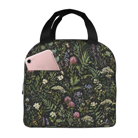 Dark Botanical Wildflower Lunch Bag Reusable Thermal Lunch Box with Handle for Women and Men