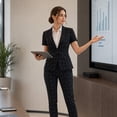thumbnail image 3 of AZoiNM Women's Checkered Suit Set One Button Blazer Short Sleeve Tapered Pants, 3 of 13
