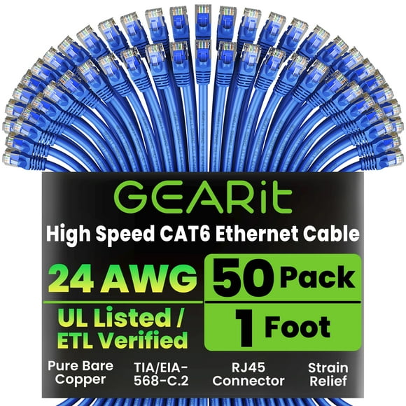 GEARit Cat 6 Pack de Câbles Ethernet - Lot de 50 Câbles de Patch Ethernet Cat6 1 Pieds / Câble de Patch Réseau RJ45, Connecteurs Plaqués Or Sans Accroc 10 Gbps - Ethe