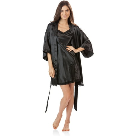 

Ashford & Brooks Women s 2 Piece Satin Robe and Nightie Set - Black - Medium