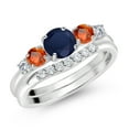 thumbnail image 2 of Gem Stone King 10K White Gold Blue Sapphire Orange Sapphire and White Lab Grown Diamond 5 Stone Bridal Engagement Wedding Ring Set for Women (1.03 Cttw, Round: 5MM and 3MM, Size 9), 2 of 6