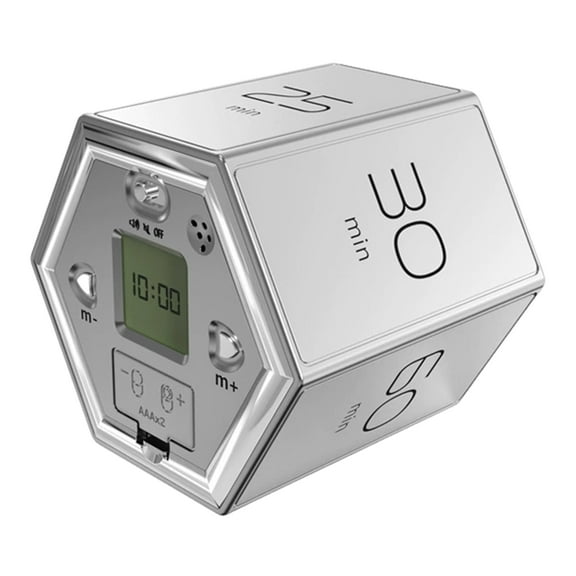 Rotating Pomodoro Timer 5-60 Mins LED Display Slide Switch Hexagon Desk Flipped Productivity Timer Vibration Alarm for Work Study Kitchen