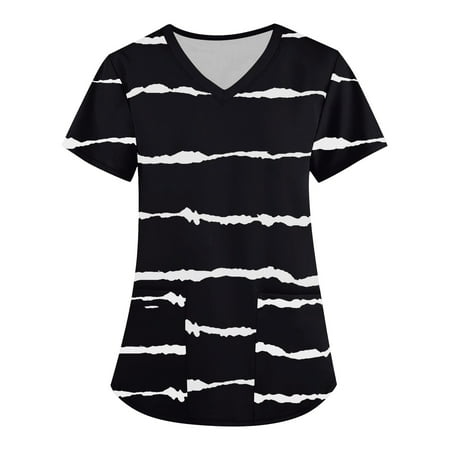 

QAZXD Womens Tops Women s Fashion V-neck Short Sleeve Scrub Tops With Pockets Stripes Printed Tops(Buy 2 Get 1 Free)