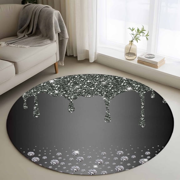 Luxury Diamond Round Area Rugs 3 ft, Shinning Grey Gradient Modern Art Washable Small Area Rug with Non-Slip Sturdy Edge Binding Round Front Door Mat Floor Carpet for Entryway