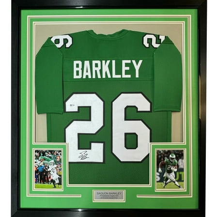 Framed Autographed/Signed Saquon Barkley 35x39 Philadelphia Kelly Green Football Jersey Beckett BAS COA