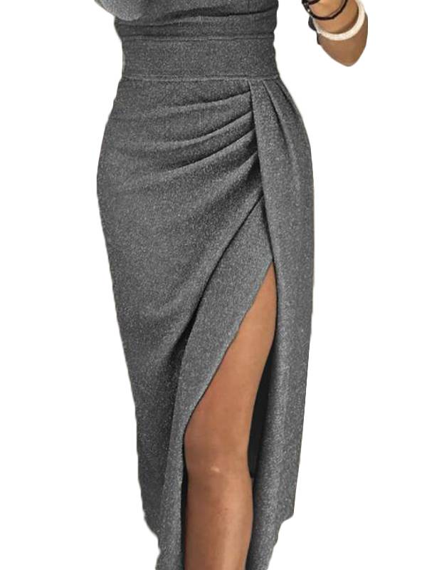 shiny off shoulder ruched thigh slit party dress