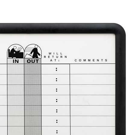 Quartet In/Out Board, 11" x 14", DuraMax Porcelain, In and Out Board, 18 Names, Classic Gray, Black Frame (750)